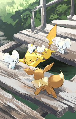 ambiguous_gender anthro bridge brown_body brown_fur eyes_closed female feral fur group male markings pawpads paws plant striped_markings stripes tail whiskers white_body yellow_body young hakkentai_pkdn nintendo pokemon pokemon_mystery_dungeon spike_chunsoft eevee generation_1_pokemon generation_9_pokemon mammal maushold maushold_(family_of_four) pikachu pokemon_(species) rodent 2025 hi_res