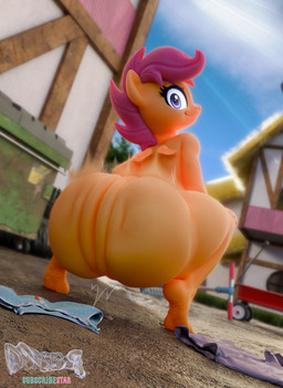 alley anthro anthrofied bandage barefoot big_butt butt clothing clothing_aside exhibitionism feet female female_anthro humanoid_feet loli nude outside plantigrade shaking_butt smug solo text twerking wings young young_anthro young_female conditional_dnp dduns friendship_is_magic hasbro my_little_pony mythology scootaloo_(mlp) equid equine mammal mythological_creature mythological_equine pegasus 2024 3d_(artwork) digital_media_(artwork) hi_res