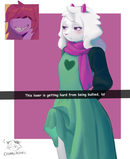 2_horns ambiguous_anthro ambiguous_gender anthro anthro_on_anthro biped black_text blush blush_lines border bullying clothed clothed_anthro clothed_male clothing dress duo erection erection_under_clothing eyebrows eyelashes femboy freckled_face freckles glistening glistening_horn green_clothing green_robe grey_teeth grin hair hair_over_eyes heart_clothing heart_symbol hidden_eyes horn logo looking_away male male/ambiguous male_anthro male_focus mouth_closed outside_border purple_background purple_body purple_eyes purple_horn purple_nose purple_scarf red_hair robe scarf sharp_teeth short_horn simple_background small_horn smile solo_focus teeth tenting text white_body white_border white_eyebrows white_hair white_sclera white_text caramelhooves deltarune snapchat undertale_(series) ralsei susie_(deltarune) bovid caprine goat mammal scalie absurd_res artist_logo artist_name english_text hi_res portrait shaded three-quarter_portrait female_(lore)