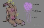 abdominal_bulge alien animal_genitalia anthro arm_quills arm_support backward_arm_support blush brown_body brown_skin btket colored colored_sketch egg_in_bladder flaccid fully_sheathed genitals halo_(series) hand_on_crotch hi_res internal internal_penis internal_testicles kig-yar kneeling looking_back male microsoft penis pregnant pregnant_anthro pregnant_male quill_hair ruuhtian_(kig-yar) scalie sheath simple_background sketch solo xbox_game_studios yellow_quills