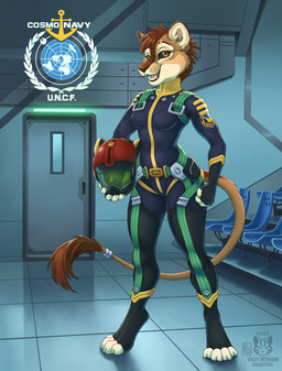 anthro armor breasts brown_nose brown_tail_tuft clothed clothed_female clothing digitigrade female flight_suit footwear fur headgear helmet open_mouth tail tail_tuft tan_body tan_fur toeless_footwear tuft whiskers yellow_eyes kacey space_battleship_yamato abby_(grumpypuppy) felid lion mammal pantherine 2026 hi_res