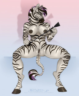 anthro bodily_fluids brown_eyes brown_nipples eyelashes female female_anthro front_view genital_fluids genitals holding_object holding_riding_crop holding_whip humanoid_genitalia humanoid_vulva looking_at_viewer markings narrowed_eyes nipples nude riding_crop sitting solo striped_arms striped_legs striped_markings striped_tail stripes tail tail_markings tail_tuft tuft vaginal_fluids vulva whip white_body huskii-s equid equine mammal zebra hi_res