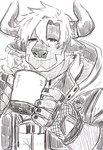 anthro beard clothing coffee_mug facial_hair fingerless_gloves gloves hair handwear hoodie horn looking_at_viewer male sideburns solo topwear white_hair donguri306 lifewonders tokyo_afterschool_summoners bigfoot_(tas) bovid bovine cattle mammal hi_res traditional_media_(artwork) watermark