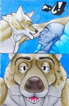 anthro bed bed_sheet bedding bedroom_eyes blue_body blue_skin close-up duo furniture male male/male narrowed_eyes seductive snout text twinkle marthan_crowl_(artist) canid canine canis human mammal wolf absurd_res english_text hi_res meme