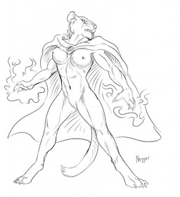 anthro breasts cape claws clothing female genitals magic navel nipples nude solo spell vulva negy felid lion mammal pantherine hi_res monochrome