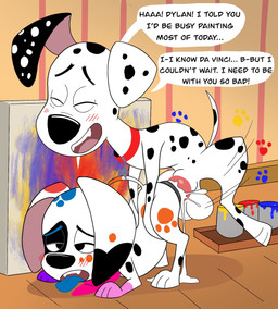 animal_genitalia animal_penis animal_vulva balls black_ears black_nose black_spots blue_paint blue_spots blue_tongue blush blush_lines canine_genitalia canine_penis canine_vulva collar duo ejaculation erection eye_patch_(marking) facial_markings female female_penetrated feral feral_on_feral feral_penetrated feral_penetrating feral_penetrating_feral floppy_ears fur genitals head_markings heterochromatic_ears intraspecies knot knotted_penis large_penetration male male/female male_penetrating male_penetrating_female markings orange_spots paint painting_(object) patch_(marking) penetration penile penile_penetration penis pink_inner_ear red_collar red_paint red_spots sex sheath speech_bubble spots star text tongue tongue_out vaginal vaginal_penetration white_body white_fur white_spots yellow_paint draggieposs 101_dalmatian_street 101_dalmatians disney da_vinci_(101_dalmatians) dylan_(101_dalmatians) canid canine canis dalmatian domestic_dog mammal english_text hi_res brother_(lore) brother_and_sister_(lore) incest_(lore) sibling_(lore) sister_(lore)