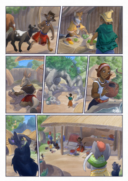 anthro biped black_body black_fur blue_sky clothed clothing dark_body dark_skin day female feral fur grey_body group holding_object hooves male outside quadruped sky tail village bjekkergauken imbali_(bjekkergauken) isilo_(bjekkergauken) avian bird bovid canid canine caprine elephant elephantid fox goat humanoid mammal proboscidean unknown_species 2025 colored comic hi_res