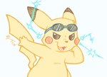 2008 ajin ambiguous_gender anthro blue_eyewear blue_goggles dipstick_ears ear_markings electricity eyewear eyewear_on_head fur generation_1_pokemon goggles goggles_on_head low_res multicolored_ears nintendo open_mouth pikachu pokemon pokemon_(species) pose red_cheeks simple_background solo white_background yellow_body yellow_fur