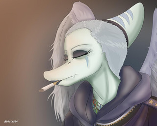 anthro biped black_eyeshadow blue_body bone_frill cigarette cigarette_in_mouth clothed clothed_anthro clothed_female clothing eyes_closed eyeshadow feathered_wings feathers female frill_(anatomy) gradient_background grey_body grey_feathers grey_hair hair jacket jewelry makeup markings necklace object_in_mouth short_hair side_view simple_background smoking smoking_cigarette solo striped_markings stripes text topwear wings louiss. cavemanon_studios goodbye_volcano_high ko_op_(game_developer) snoot_game fang_(gvh) prehistoric_species pterosaur reptile scalie 2025 artist_name bust_portrait colored digital_media_(artwork) portrait shaded spanish_description