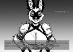 anthro big_breasts breasts cleavage clothed clothing dialogue ear_piercing female industrial_piercing piercing shoulder_pads solo spiked_shoulder_pads spikes text text_box hladilnik fallout microsoft janice_(hladilnik) raider_(fallout) lagomorph leporid mammal rabbit 2023 black_and_white english_text hi_res monochrome