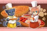 anthro black_body black_fur blue_eyes blush chef chef_hat clothing dessert duo food fur green_eyes hat headgear headwear looking_at_viewer male open_mouth orange_body orange_fur platter smile white_body white_fur young young_anthro yojoo canid canine domestic_cat felid feline felis fox mammal