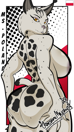 anthro areola black_spots breasts butt butt_grab ears_up eyebrows eyelashes female glistening glistening_breasts grin hand_on_butt lips nails nationality nipples nude orange_eyes poland polish_flag purple_areola purple_lips purple_nose rear_view short_tail side_boob simple_background smile solo spots tail teeth_showing white_background white_body awesomemazda04 ms._poland_(awesomemazda04) felid feline lynx mammal 4k 9:16 absurd_res cel_shading hi_res shaded watermark