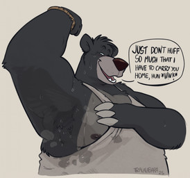 3_claws anthro armpit_fetish armpit_hair bedroom_eyes bodily_fluids body_hair claws clothing dialogue facial_markings fur grey_body grey_fur head_markings looking_at_viewer male markings moobs musk muzzle_(marking) narrowed_eyes nipples one_eye_closed open_mouth open_smile overweight overweight_anthro overweight_male raised_arm seductive shirt smile solo sweat sweat_stain sweatdrop sweaty_armpit talking_to_viewer tank_top text thick_arms topwear wristband haps disney the_jungle_book baloo bear mammal 2025 digital_media_(artwork) english_text hi_res signature
