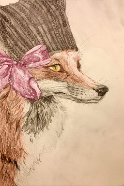 ambiguous_gender brown_clothing brown_hat brown_headwear clothing feral fur hat headgear headwear orange_body orange_fur pink_ribbon semi-realistic solo naircat canid canine fox mammal red_fox true_fox 2015 colored_pencil_(artwork) traditional_media_(artwork)