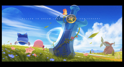 amazing_background ambiguous_gender anniversary armless biped black_border border cloud day detailed_background duo field floating_hands flower grass_field legless melee_weapon moon mountain not_furry pink_body plant rear_view red_body scenery_porn sitting sky sword sword_in_ground text weapon 5health kirby's_return_to_dream_land kirby_(series) nintendo kirby magolor ambient_arthropod ambient_butterfly ambient_insect waddling_head 2021 absurd_res detailed digital_drawing_(artwork) digital_media_(artwork) english_text hi_res japanese_description letterbox
