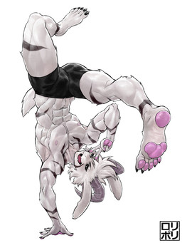 2_horns abs anthro black_eyes boxers_(clothing) bulge claws clothed clothing feet floppy_ears fur handstand horn long_ears looking_at_viewer male muscular muscular_anthro muscular_male pawpads shirtless_anthro shirtless_male solo underwear underwear_only upside_down white_body white_fur jamrolypoly undertale undertale_(series) asriel_dreemurr_(god_form) boss_monster_(undertale) bovid caprine goat mammal 3:4 absurd_res hi_res