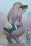 2023 anthro baseball_cap big_butt bodily_fluids bottle bottomwear butt clothed clothing container crouching disney female hat headgear headwear hotpants judy_hopps lagomorph leporid mammal miles_df rabbit rear_view shorts solo sweat thick_thighs topless water water_bottle zootopia