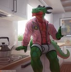 abs anthro beverage big_bulge blue_eyes breakfast bulge claws clothed clothing conditional_dnp container cup danza dragon english_text fluffy fur furred_dragon furred_scalie green_body green_fur half-closed_eyes hi_res holding_container holding_cup holding_object hoodie horn inside jacket kitchen lemme_smash male meme morning muscular muscular_anthro muscular_male mythological_creature mythological_scalie mythology narrowed_eyes patreon patreon_logo red_body red_fur rhys_wysios scalie smile solo spreading tail tea text topwear underwear url