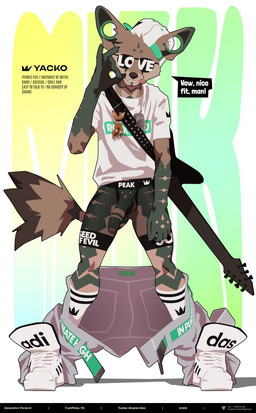 anthro backwards_baseball_cap backwards_hat baseball_cap brown_body brown_fur clothed clothing dog_tags ear_piercing electric_guitar eyewear fishnet_clothing fishnet_underwear footwear fur genital_tattoo genitals grey_body grey_fur guitar hat headgear headwear male musical_instrument partially_clothed piercing plucked_string_instrument pose sagging_pants shoes sneakers socks solo speech_bubble string_instrument sunglasses tattoo text text_on_clothing tongue tongue_out typography underwear kingvermilion adidas canid canine fennec_fox fox mammal true_fox