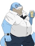 anthro blue_body bottomwear clothing eyewear glasses humanoid_hands kemono male necktie overweight overweight_anthro overweight_male pants shirt simple_background solo topwear white_background bluewhale127 cetacean mammal marine 2021 3:4 hi_res