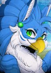 ambiguous_gender anthro beak blue_body blue_feathers blue_sky blurred_background closed_smile cloud feathers green_eyes head_feathers inner_ear_fluff looking_at_viewer mouth_closed outside sky slight_smile smile solo text tuft white_body white_feathers white_inner_ear_fluff yellow_beak santanahoffman avian 2024 artist_name bust_portrait dated hi_res portrait