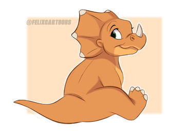 black_eyebrows claws eyebrows female feral green_eyes looking_back nude orange_body quadruped sitting smile solo young felixcartoons don_bluth the_land_before_time cera_(the_land_before_time) ceratopsian ceratopsid chasmosaurine dinosaur marginocephalian ornithischian prehistoric_species reptile scalie triceratops colored digital_drawing_(artwork) digital_media_(artwork) hi_res shaded