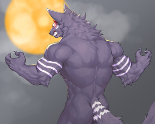5_fingers ambiguous_gender anthro arm_tuft biceps big_muscles biped bodily_fluids claws clenched_teeth cloud deltoids drooling elbow_tuft eye_markings eyebrows finger_claws fingers full_moon fur glowing glowing_eyes gums looking_aside markings monotone_body monotone_fur moon muscular muscular_ambiguous muscular_anthro night nude nude_ambiguous nude_anthro obliques outside pointy_ears pose prick_ears pupils purple_body purple_claws purple_fur rear_view red_eyebrows red_eyes saliva sky slit_pupils snout solo striped_arms striped_markings striped_tail stripes tail tail_markings teeth thick_eyebrows tuft whiskers white_eyebrows white_markings white_sclera white_stripes captainjohkid canid mammal 2024 5:4 digital_drawing_(artwork) digital_media_(artwork) half-length_portrait hi_res portrait
