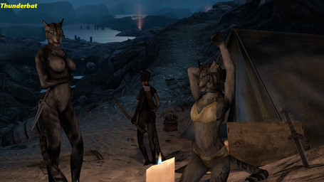 anthro arrow_(weapon) bow_(weapon) breasts candle clothing dagger ear_piercing female genitals group melee_weapon mountain night nipples nude piercing quiver_(object) ranged_weapon sea sword tent underwear vulva water weapon generalthunderbat bethesda_game_studios microsoft skyrim the_elder_scrolls felid khajiit mammal 16:9 3d_(artwork) digital_media_(artwork) watermark widescreen