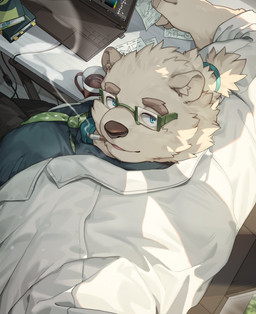 anthro belly blue_eyes cigarette clothing coat computer electronics eyebrows eyewear fur glasses hair head_turned lab_coat laptop looking_at_viewer looking_back male overweight ponytail smoking solo thick_eyebrows topwear white_body white_fur yed lifewonders tokyo_afterschool_summoners leib_(tas) bear mammal polar_bear ursine absurd_res hi_res