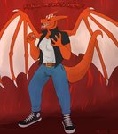 5_fingers angry anthro breasts bulge clothing fingers footwear gynomorph horn intersex jacket open_mouth shoes simple_background solo tail teeth text topwear white_horn wings meoxie mythology reidrea dragon mythological_creature mythological_scalie scalie hi_res