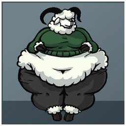 belly big_belly border clothing horn solo sweater thick_thighs tongue topwear white_border sephaloid bramb_(sephaloid) bovid caprine mammal sheep 1:1 2019 aliasing digital_media_(artwork)