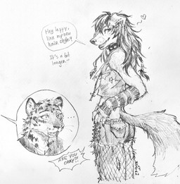 anthro armwear bodily_fluids bottomwear clothed clothing crossdressing dipstick_tail drooling duo ear_piercing ear_ring femboy fishnet_clothing fishnet_legwear hotpants jewelry legwear male male_anthro markings necklace open_mouth pattern_armwear pattern_clothing piercing ring_piercing saliva shorts simple_background solo_focus speech_bubble standing striped_armwear striped_clothing stripes tail tail_markings text topwear torn_clothing torn_topwear akatan_art goth_dog_(akatan) shy_leopard_(akatan) canid canine felid mammal 2025 dated english_text hi_res monochrome signature sketch
