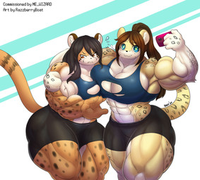 abs anthro big_muscles black_hair bottomwear bra breasts brown_hair cellphone clothed clothing duo electronics embarrassed female fur hair huge_muscles hyper hyper_muscles muscular orange_body orange_fur pecs pecs_with_breasts phone shorts smartphone smile spandex spandex_shorts sports_bra tight_bottomwear tight_clothing tight_shorts torn_clothing underwear yellow_body yellow_fur razzberryboat cheetah felid feline leopard mammal pantherine 2020 absurd_res hi_res