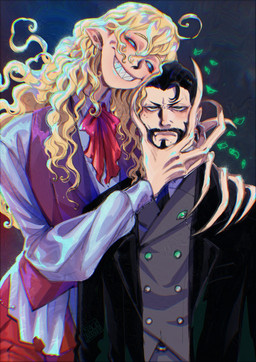 blonde_hair clothed clothing crow's_feet curly_hair duo facial_hair frown grin hair humanoid_pointy_ears long_hair male markings mole_(marking) not_furry pointy_ears sharp_teeth shirt smile teeth the_distortion_(tma) toothy_grin topwear blackberreh the_magnus_archives elias_bouchard michael_shelley avatar_(tma) entity_(tma) human humanoid mammal spiral_(tma) digital_media_(artwork) hi_res