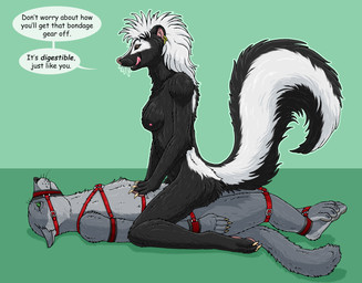 anthro anthro_on_anthro bdsm black_body black_fur bondage bound breasts brown_eyes dialogue duo female female_anthro fluffy fluffy_tail fur green_background green_eyes grey_body grey_fur hair imminent_vore interspecies male male/female male_anthro muzzle_(object) muzzled nipples nude obscured_penetration retractable_claws sex simple_background speech_bubble submissive submissive_male tail text tongue tongue_out white_body white_fur white_hair strega onyx_(strega) felid mammal mephitid skunk 2026 absurd_res english_text hi_res