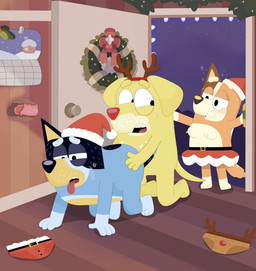 anal anal_penetration anthro bodily_fluids breasts caught_in_the_act christmas_clothing christmas_headwear clothing clothing_aside cuckquean doggystyle female from_behind_position gay_in_front_of_girls hat headgear headwear holidays internal looking_pleasured male male/male male_penetrated male_penetrating male_penetrating_male on_model penetration penile penile_penetration penis_in_ass red_nose santa_hat sex substance_intoxication sweat sweatdrop tongue tongue_out underwear underwear_aside courtzside45 bluey_(series) christmas bandit_heeler chilli_heeler pat_(bluey) australian_cattle_dog bird_dog canid canine canis cattledog domestic_dog herding_dog hunting_dog labrador mammal pastoral_dog retriever hi_res