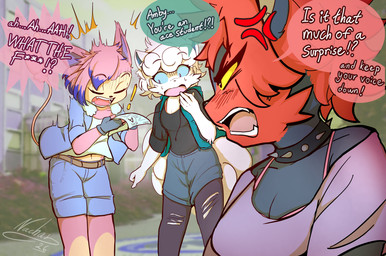 angry anthro anthrofied belt black_body black_fur blue_eyes bottomwear breasts censored_text clothed clothing collar cross-popping_vein eyes_closed female fur group hair legwear multi_tail multicolored_hair open_mouth pokemorph profanity shirt shorts simple_background spiked_collar spikes standing stockings surprised swear_filter tail text topwear torn_clothing torn_legwear torn_stockings trio vest white_body white_fur nachan nintendo pokemon amber_(nachan) riley_(nachan) sarah_(nachan) alolan_form alolan_vulpix generation_3_pokemon generation_7_pokemon litten mammal pokemon_(species) regional_form_(pokemon) skitty digital_media_(artwork) hi_res