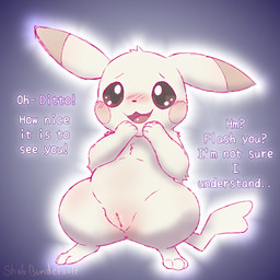 anus blush female feral fur genitals looking_at_viewer nude open_mouth simple_background smile solo tail text vulva white_body bundefault nintendo pokemon pokemon_pokopia peakychu generation_1_pokemon mammal pikachu pokemon_(species) rodent 1:1 2025 digital_media_(artwork) english_text hi_res