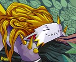 anthro blonde_hair hair horn leaf long_hair male sleeping smile solo zigzag_teeth bastriw bandai_namco digimon digimon_(species) filmon hi_res