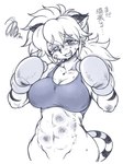 2016 abs anthro big_breasts blood bodily_fluids boxing_gloves bra breasts cjk_character cleavage clothed clothing felid female female_anthro hair handwear inner_ear_fluff japanese_text kemono long_hair looking_at_viewer mammal midriff narrowed_eyes navel open_mouth open_smile oyatsu pantherine simple_background smile solo sports_bra standing sweat tears text tiger tuft underwear white_background