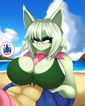 anthro beach big_breasts blue_body bodily_fluids bra breast_play breasts clothed clothing cloud cum cum_on_breasts cum_on_penis duo faceless_character female genital_fluids genitals green_body green_bra green_clothing green_hair green_underwear hair huge_breasts humanoid_genitalia humanoid_penis male male/female penis purple_eyes sex sky smile titfuck underwear foxsuo nintendo pokemon sabryna_(nitrofury) generation_6_pokemon generation_9_pokemon greninja meowscarada pokemon_(species) 2024 4:5 absurd_res hi_res