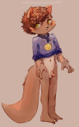 4_fingers anthro balls barefoot biped black_nose blue_clothing blue_sweater blue_topwear blush blush_lines bottomless bottomless_anthro bottomless_male brown_body brown_ears brown_eyebrows brown_fur brown_hair brown_penis brown_tail clothed clothing countershading eyebrows feet fingers flaccid fluffy fluffy_tail fur genitals green_eyes grey_background hair head_tilt male male_anthro mouth_closed multicolored_body multicolored_fur navel penis pink_inner_ear plantigrade short_hair shota simple_background small_penis solo standing sweater sweater_only tail tan_balls tan_body tan_fur text topwear topwear_only two_tone_body two_tone_fur young young_anthro young_male mabibabi kyler_(mabibabi) gulonine mammal marten mustelid musteline pine_marten 2024 absurd_res dated hi_res url