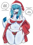 anthro bell bell_collar big_breasts blue_body blue_fur breasts christmas_clothing christmas_headwear cleavage clothed clothing collar dialogue female fingers fur hair hat headgear headwear holidays santa_hat solo tail text thigh_gap white_eyes mmbct01 christmas nintendo pokemon canid eeveelution generation_4_pokemon glaceon mammal pokemon_(species) absurd_res hi_res korean_text translated