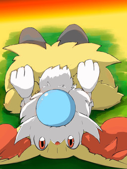 ambiguous_gender anthro arm_tuft ball big_ears chest_tuft fluffy fluffy_tail front_view fur hip_tuft inner_ear_fluff long_tail looking_at_viewer lying multicolored_body multicolored_fur multicolored_tail object_in_mouth on_back red_eyes red_nose semi-anthro shoulder_tuft simple_background smile solo sunset tail tuft white_body white_fur eiroru nintendo pokemon braixen generation_6_pokemon pokemon_(species) 2020 3:4 digital_drawing_(artwork) digital_media_(artwork) hi_res portrait three-quarter_portrait