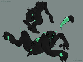 3_fingers animal_genitalia animal_penis anus backsack balls biped black_body black_fur butt claw_fingers claws fingers fur genitals green_anus green_penis green_sclera looking_pleasured lying male monotone_body on_back pawpads penis presenting presenting_hindquarters small_tail solo tail toe_claws sixforfivepound die_of_death pursuer_(die_of_death) humanoid mammal pursuer_(species) hi_res multiple_scenes