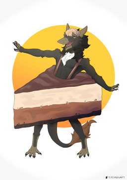 anthro black_body cake cake_costume clothed clothing dessert food food_costume fur hair looking_at_viewer male open_mouth simple_background smile solo tail tail_tuft tapering_tail teeth tongue tuft conditional_dnp teremunart sergal absurd_res hi_res