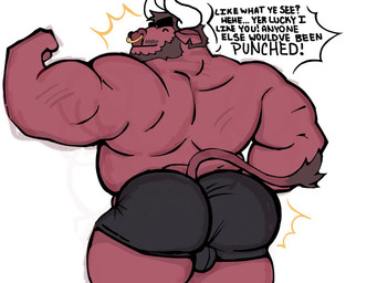 2_horns anthro back_muscles beard belly biceps big_belly big_butt big_muscles big_nipples big_pecs bottomwear bulge butt clothed clothing dialogue eyebrows eyes_closed facial_hair facial_piercing flexing flexing_bicep hair horn looking_at_viewer male musclegut muscular muscular_anthro muscular_male mustache nipples nose_piercing nose_ring overweight overweight_anthro overweight_male pecs piercing ring_piercing short_hair side_view simple_background smile solo speech_bubble tail text thick_eyebrows thick_thighs topless triceps underwear underwear_only velbyk_(crococola) white_background crococola bovid bovine cattle mammal 4:3 english_text