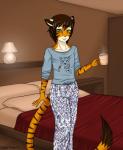 ambiguous_gender anthro bed bedroom beverage biped brown_hair clothing coffee container cup food fur furniture green_eyes hair holding_container holding_cup holding_object inside lamp orange_body orange_fur pajamas short_hair smile solo standing steam stripes tea white_body white_fur eliana-asato saba felid mammal pantherine tiger 2013 hi_res