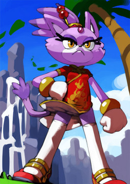 accessory amber_eyes anthro asian_clothing black_nose bracelet breasts chinese_clothing chinese_dress clothed clothing clothing_lift dress east_asian_clothing eyelashes female fist fist_on_hip footwear forehead_gem fur gem grumpy hair half-closed_eyes hand_on_hip jewelry leaf legwear long_tail looking_at_viewer mountain narrowed_eyes palm_tree plant ponytail purple_body purple_fur red_clothing red_dress shoes simple_background small_breasts solo standing stockings tail tail_tuft tree tuft wind bittenhard sega sonic_the_hedgehog_(series) blaze_the_cat domestic_cat felid feline felis mammal 2022