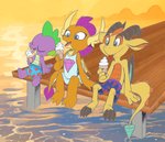 anthro beach clothing dessert female food group ice_cream male outside seaside swimming swimming_trunks swimwear tail young young_anthro young_female young_male kitsune2000 nauyaco friendship_is_magic hasbro my_little_pony mythology fan_character smolder_(mlp) spike_(mlp) dragon mythological_creature mythological_scalie scalie artist_collaboration hi_res